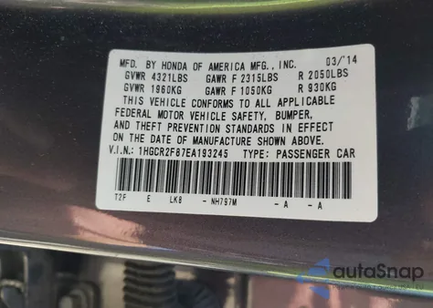 2014 Honda Accord Ex-L z USA, uszkodzony, nr VIN 1HGCR2F87EA193245